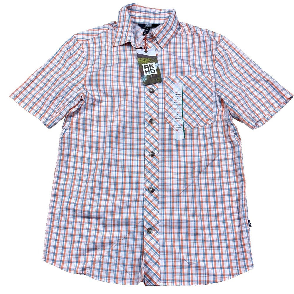 Alaskan Hardgear Shirt Men Small Orange Blue Plaid Button Up Standard Fit Hiking